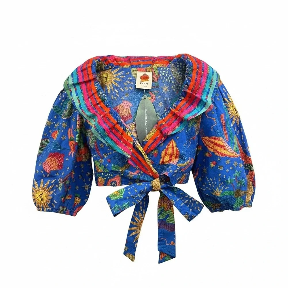 FARM Rio Ocean Blouse XS‎ Blue Multicolor Embroidered Puff Sleeve Wrap Crop Boho